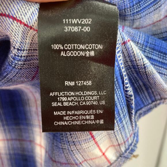 Affliction Lace Up Western Aztec Embroidered Snap Up Blue Plaid Women Small NEW - Picture 12 of 14